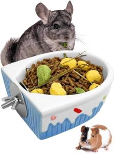 Niwaes Chinchilla Food Bowl Ceramic Guinea Pig Cage Feeder Hanging Bunny Food Dish Small Animal Feeding Bowls for Syrian Hamster Ferret Gerbils (Blue)