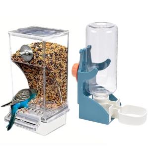 NIENIE No Mess Bird Feeder Water Dispenser Set, Automatic Transparent Parrot Feeder Acrylic Parrot Food Container Drinker, Blue (Pack of 2)