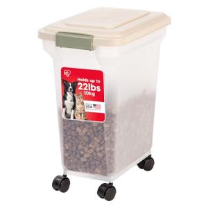 IRIS USA WeatherPro Airtight Dog Food Storage Container, Up to 22 lbs, Attachable Wheels, For Dog Cat Bird and Other Pet Food Storage Bin, Keep Fresh, Translucent Body, Clear/Almond
