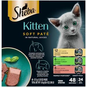 Sheba Perfect Portions Kitten Wet Cat Food Pate Chicken Entree, Salmon Entree, and Turkey Entree, 2.6 oz. Twin-Pack Trays (24 Count, 48 Servings)