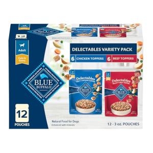 Blue Buffalo Delectables Natural Wet Dog Food Toppers Variety Pack, Tasty Chicken & Hearty Beef, Cuts in Gravy, 3-oz. (12 Pouches, 6 of Each Flavor)