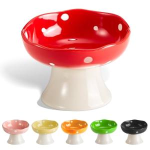 Ceramic Elevated Mushroom Cat Bowls, Tilted Raised Pet Dish Anti Vomit Kitten Bowl for Indoor Cats, Whisker Friendly Pet Food and Water Bowl for Kitten, Cat, Puppies, Dishwasher Safe (Red)