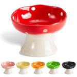 Ceramic Elevated Mushroom Cat Bowls, Tilted Raised Pet Dish Anti Vomit Kitten Bowl for Indoor Cats, Whisker Friendly Pet Food and Water Bowl for Kitten, Cat, Puppies, Dishwasher Safe (Red)