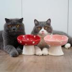 Ceramic Elevated Mushroom Cat Bowls, Tilted Raised Pet Dish Anti Vomit Kitten Bowl for Indoor Cats, Whisker Friendly Pet Food and Water Bowl for Kitten, Cat, Puppies, Dishwasher Safe (Red)