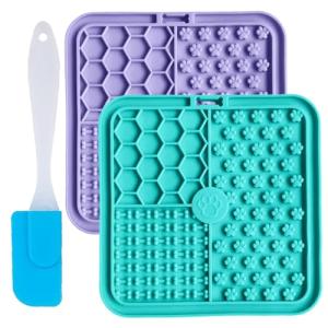 Licky Mats for Dogs and Cats, 100% Food Grade Lick Mats For Dogs & Cat Food Mat BPA Free Dog Mat,Easy to Clean Lick Mats Pet Slow Feeder with Suction Cups,2 Pack with 1 Spatula (purple blue, general)