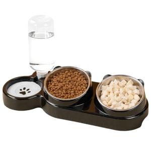 3-in-1 Cat Food and Water Bowl Set, Tilted Stainless Steel Bowls with Stand, Double Food Bowls with Water Dispenser, Pet Feeding Station for Cats Small Dogs, Black