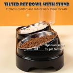 3-in-1 Cat Food and Water Bowl Set, Tilted Stainless Steel Bowls with Stand, Double Food Bowls with Water Dispenser, Pet Feeding Station for Cats Small Dogs, Black