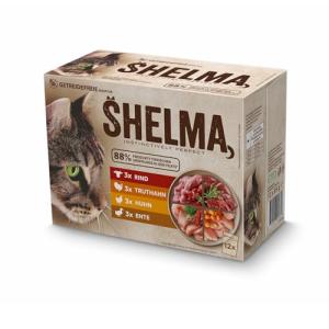 Shelma Katzen-Nassfutter Fleisch Multipack mit den Sorten Rind, Truthahn, Huhn und Ente – Getreidefreies Alleinfuttermittel mit hohem Fleischanteil – 12 x 85 g (1,02 kg)