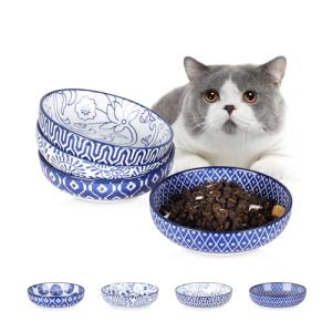 Selamica Ceramic Cat Food Bowl Set of 4, 5.6 Inch Wide Shallow Cat Bowls/Dishes for Food and Water, Vintage Blue