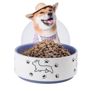 Ceramic Dog Bowl for Food and Water - 8-Inch Feeding Bowl for Medium to Large Dogs - Wide and Deep with Happy Doggie Pattern - Dishwasher Safe - 4.5 Cups (64 fl oz) - Purple