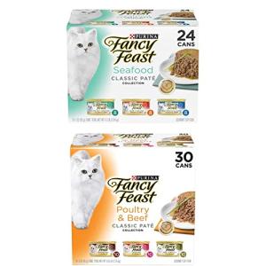 Purina Fancy Feast Grain Free Pate Wet Cat Food Variety Pack, Seafood Classic Pate and Poultry & Beef Collection