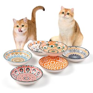 Ceramic Cat Bowls for Indoor Cats & Kittens, Whisker Friendly 5.5 Inch Shallow Plates, Set of 6 Cute Pet Feeding Dishes for Wet Dry Food and Water