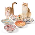 Ceramic Cat Bowls for Indoor Cats & Kittens, Whisker Friendly 5.5 Inch Shallow Plates, Set of 6 Cute Pet Feeding Dishes for Wet Dry Food and Water