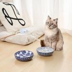 Selamica Ceramic Cat Food Bowl Set of 4, 5.6 Inch Wide Shallow Cat Bowls/Dishes for Food and Water, Vintage Blue