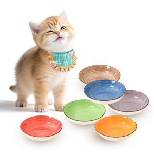 Colorful Ceramic Cat Bowls Set - Wide and Shallow Dishes for Food and Water - 6-Pack Cat Feeding Bowl Whisker-Friendly - Microwave and Dishwasher Safe - 5.7" x 1.3" - 5 oz
