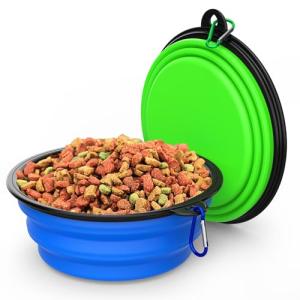 2 Pack Collapsible Dog Bowl Travel Portable Pet Bowls [20oz,600ml],Expandable Foldable Food Water Feeding Dishes for Traveling Hiking Walking,with Carabiners [Green,Blue]