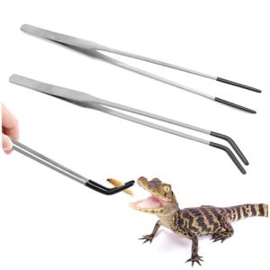 2PCS Stainless Steel Reptile Feeding Tongs with Rubber Tip, 10.6" Straight & Curved Long Tweezers, Perfect for Aquariums & Crafts - Ideal Bearded Dragon Tank Accessories, Terrarium Supplies (Sliver)