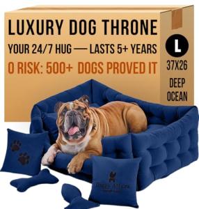 Luxury Dog Bed Chesterfield – Handcrafted Velvet Throne for Dogs | Joint Support, Calming & Temp-Regulating Comfort | Durable 5+ Years, Anti-Claw, Washable 100+ Times – L, Blue