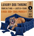 Luxury Dog Bed Chesterfield – Handcrafted Velvet Throne for Dogs | Joint Support, Calming & Temp-Regulating Comfort | Durable 5+ Years, Anti-Claw, Washable 100+ Times – L, Blue
