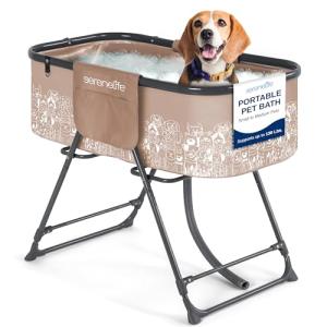 SereneLife Foldable Dog Bath Tub with Adjustable Height, 360° Access, Drain Hose & Storage Pockets – 130 lb Capacity Grooming Station for Indoor/Outdoor Use, Beige