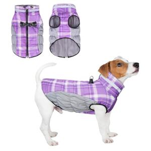 BEAUTYZOO Plaid Dog Coat, Reflective Jacket with Built-in Harness, Waterproof Puffer Vest Turtleneck Pet Apparel for Small to Large Dogs, Purple S