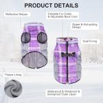 BEAUTYZOO Plaid Dog Coat, Reflective Jacket with Built-in Harness, Waterproof Puffer Vest Turtleneck Pet Apparel for Small to Large Dogs, Purple S