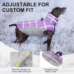 BEAUTYZOO Plaid Dog Coat, Reflective Jacket with Built-in Harness, Waterproof Puffer Vest Turtleneck Pet Apparel for Small to Large Dogs, Purple S