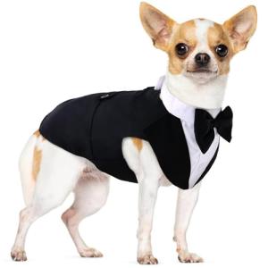 PUMYPOREITY Small Dog Bowtie Tuxedo Suit, Cat Tuxedo & Bandana Set for Chihuahua, Boston Terrier, Bichon, Corgi, Pomeranian, 2 Pieces/Pack, S, Black