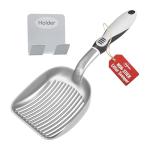 iPrimio Cat Litter Scooper Deep Shovel with Holder - (Silver XL) - Non-Stick Pooper Scooper Shovel Kitty Litter Sifter - Patented Solid Aluminum Poop Scoopers with Long Handle, Easy Grip, Pet Supplies