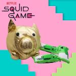 design LAB, Inc. Squid Game Official Merchandise | Plush Toys for Dogs | Gold Nesting Bank with Green Play Money | Interactive Play Toy for Indoor Fun