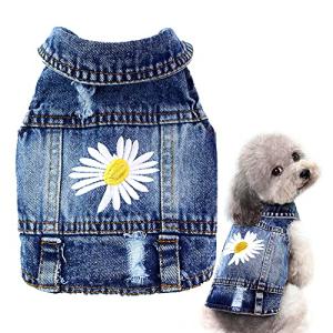 Dog Denim Jacket with Embroidered Daisy, Ripped Vintage Jean Vest for Small Dogs, Pugs, Chihuahuas, Spring Summer Autumn Festival Outfit
