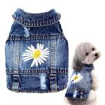 Dog Denim Jacket with Embroidered Daisy, Ripped Vintage Jean Vest for Small Dogs, Pugs, Chihuahuas, Spring Summer Autumn Festival Outfit