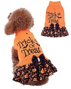 CuteBone Halloween Dog Sweater Dress Trick or Treat Knit Turtleneck Puppy Sweater with Bowtie Harness Hole Pullover Winter Dress for Small Medium Dogs and Cat Pet Apparel