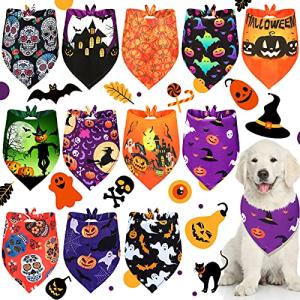 12 Pieces Halloween Dogs Bandanas Adjustable Triangle Bandana with Bat Ghost Pumpkin Patterns for Halloween Puppy Cat Costume PET Apparel Accessories (Pumpkin and Ghost)