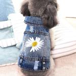 Dog Denim Jacket with Embroidered Daisy, Ripped Vintage Jean Vest for Small Dogs, Pugs, Chihuahuas, Spring Summer Autumn Festival Outfit