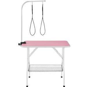 costoffs Foldable Pet Dog Grooming Table with Basket Adjustable Arm Double Tether Salon Table for Small Medium Dogs/Cats 160cm High Pink