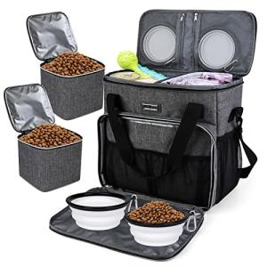 BAGLHER Dog Travel Bag, Pet Travel Bag (ALL Pet Travel Supplies), With 2 Pet Food Containers and 2 Collapsible Silicone Bowls; Essential Kits for Pet Travel Grey