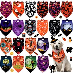 Frienda 20 Pcs Halloween Dog Bandanas Bulk Skeleton Dog Bandanas Soft Breathable Adjustable Pumpkin Bat Ghost Patterns Halloween Costume for Small to Large Dogs(X-Large)