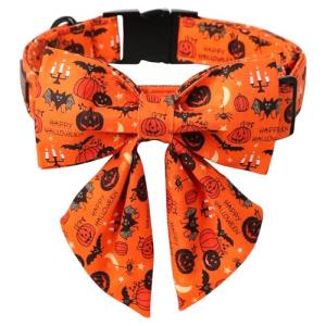 Lionet Paws Fall Halloween Dog Collar with Sailor Bow, Cute Bat Pumpkin Dog Collar for Small Dogs, Adjustable Cotton Orange Pet Collars Puppy Collar for Small Dogs