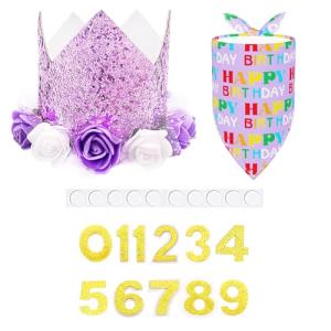 PET SHOW Purple Crown Dog Birthday Party Hat with Bandana Set for Girls Reusable Party Supplies Cat Kitten Headband with 0-9 Numbers Charms Costume Accessories with Glue