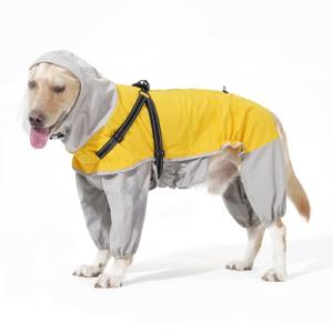 LIANZIMAU Waterproof Dog Raincoat 4 Legs with Leash Hook Reflective Adjustable Belly Strap Clear Hood Lightweight Polyester for Small Medium Large Dogs