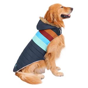HDE Dog Puffer Jacket Fleece Lined Warm Dog Parka Winter Coat with Harness Hole Navy Retro Stripe - L