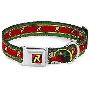 Dog Collar Seatbelt Buckle Robin Action Pose Logo Stripe Green Yellow Red Black 9 to 15 Inches 1.0 Inch Wide
