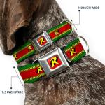 Dog Collar Seatbelt Buckle Robin Action Pose Logo Stripe Green Yellow Red Black 9 to 15 Inches 1.0 Inch Wide