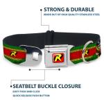 Dog Collar Seatbelt Buckle Robin Action Pose Logo Stripe Green Yellow Red Black 9 to 15 Inches 1.0 Inch Wide