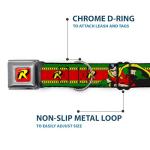 Dog Collar Seatbelt Buckle Robin Action Pose Logo Stripe Green Yellow Red Black 9 to 15 Inches 1.0 Inch Wide