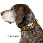 Dog Collar Seatbelt Buckle Robin Action Pose Logo Stripe Green Yellow Red Black 9 to 15 Inches 1.0 Inch Wide