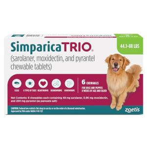 Simparica Trio (sarolaner, moxidectin, and pyrantel chewable Tablets) Chewables for Dogs, 48 mg/tab, 44.1-88 lbs, (Green), 6 Tablets