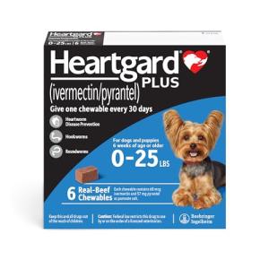 HEARTGARD® Plus (ivermectin/pyrantel) Real-Beef Chewables for Dogs up to 25 lbs (Blue Box) 6 Month Supply of Chews (Heartworm Disease Preventive)