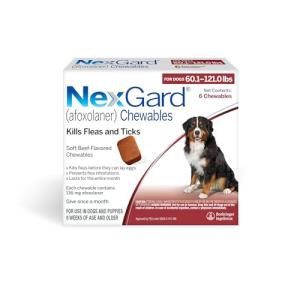 NexGard® (afoxolaner) Flea and Tick Protection for Dogs Oral Soft Beef Flavored Chewables, 60.1 to 121 lbs (Red Box) 6 Chews (6 Month Supply)